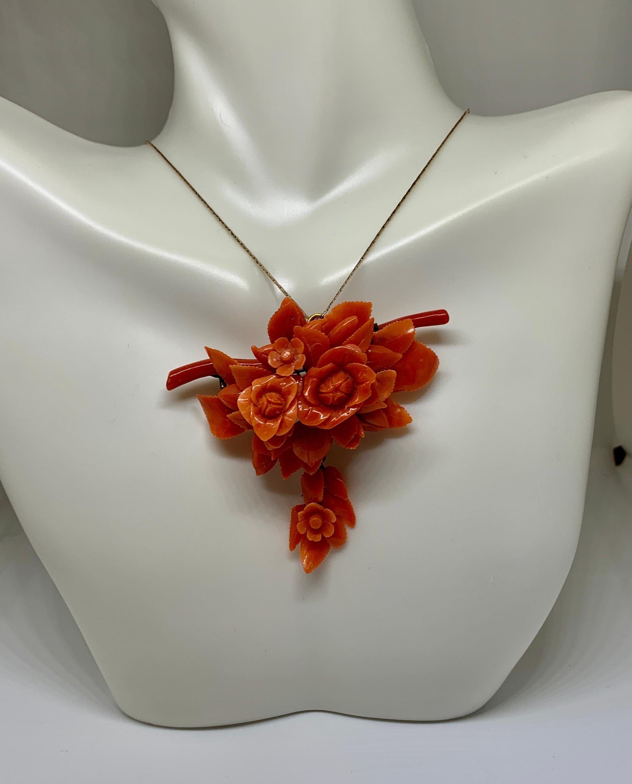 Mixed Cut Victorian Coral Flower Pendant Brooch Hand Carved Circa 1880 Gold Rare Necklace