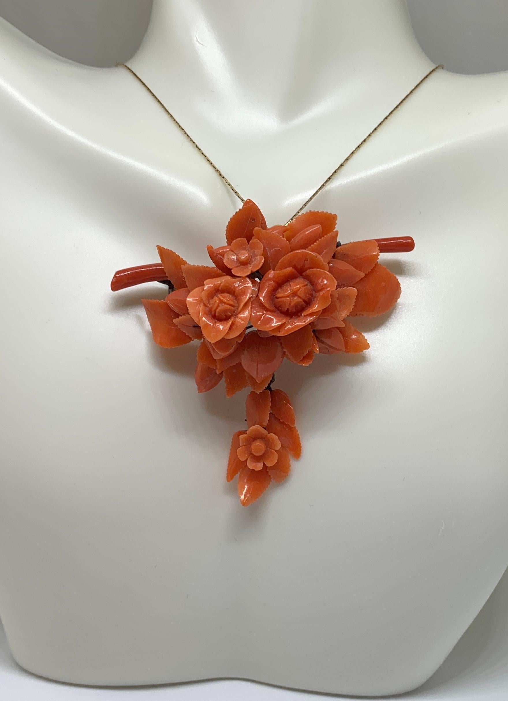 Victorian Coral Flower Pendant Brooch Hand Carved Circa 1880 Gold Rare Necklace In Good Condition For Sale In New York, NY