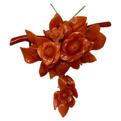 Victorian Coral Flower Pendant Brooch Hand Carved Circa 1880 Gold Rare Necklace