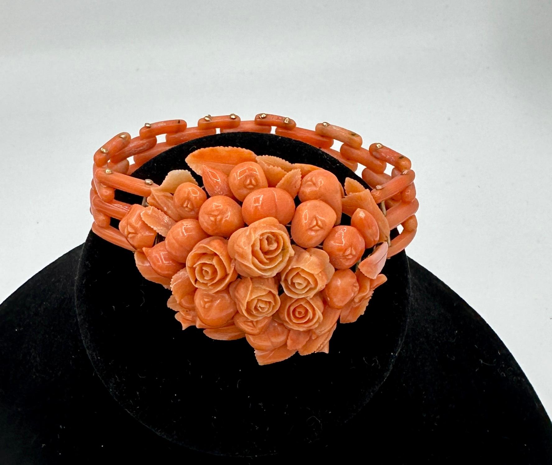 Victorian Coral Flower Suite Necklace Bracelet Brooch 14 Karat Gold Hand Carved For Sale 8