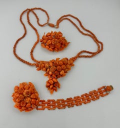 Victorian Coral Flower Suite Necklace Bracelet Brooch 14 Karat Gold Hand Carved