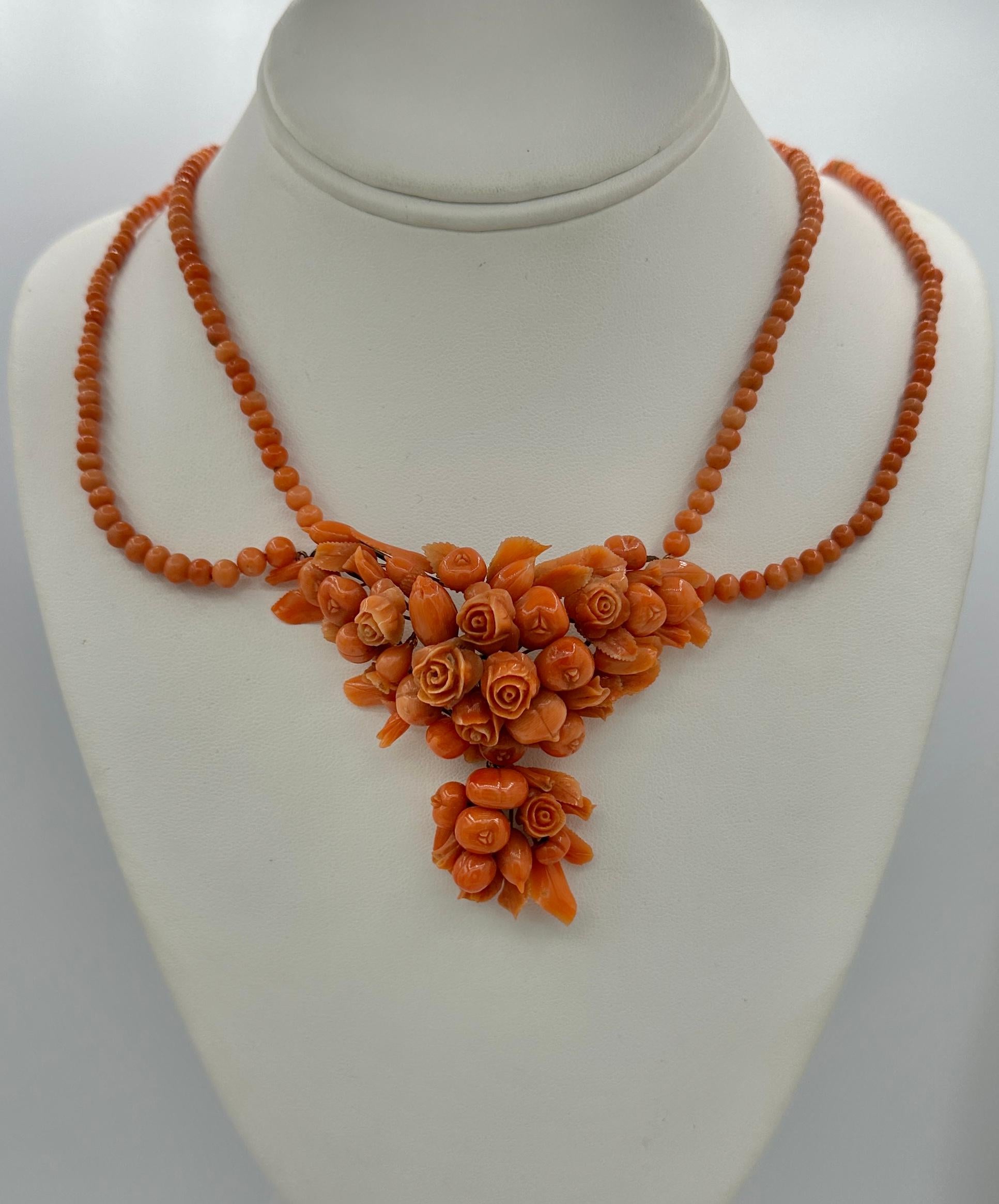 Women's Victorian Coral Flower Suite Necklace Bracelet Brooch 14 Karat Gold Hand Carved For Sale