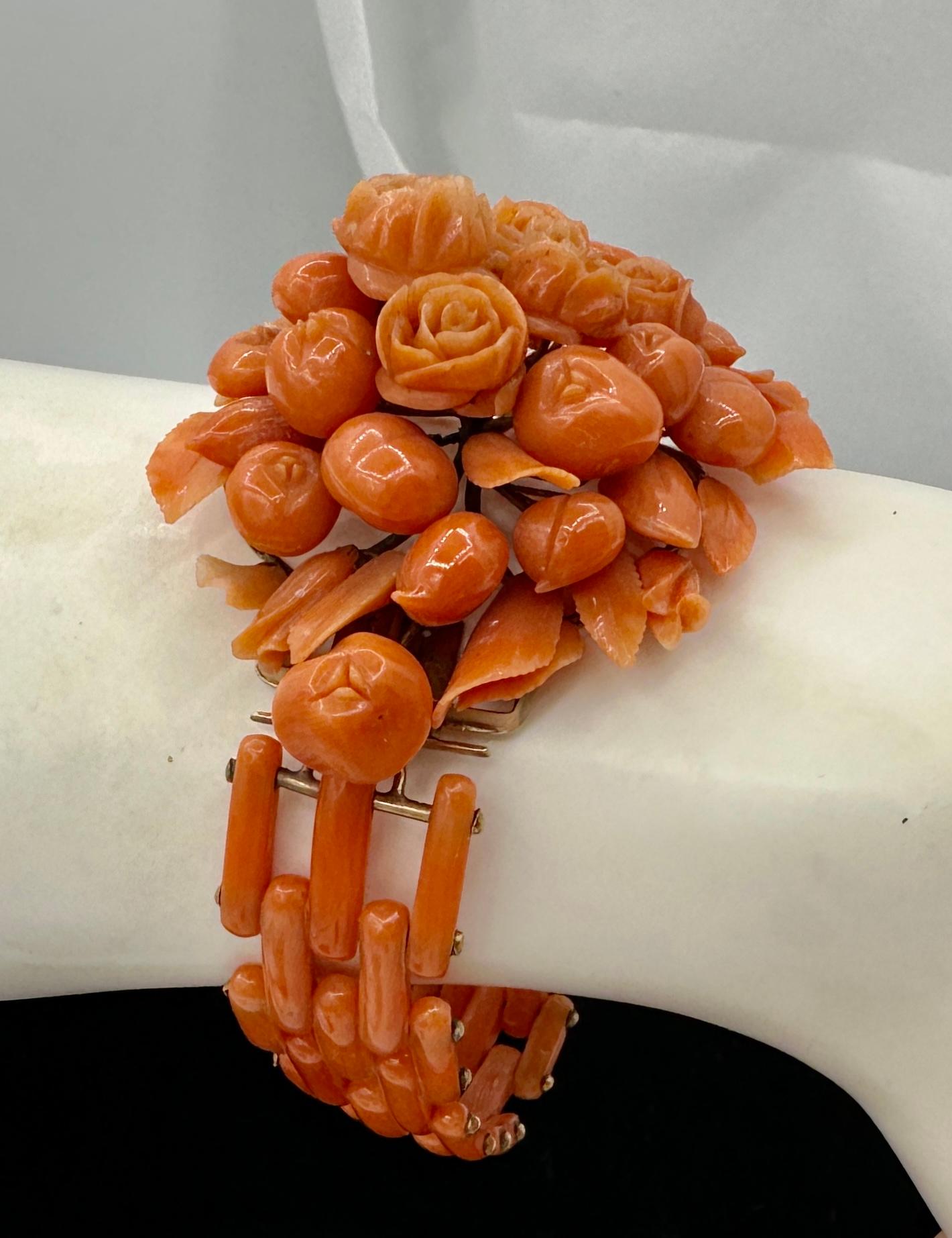 Victorian Coral Flower Suite Necklace Bracelet Brooch 14 Karat Gold Hand Carved For Sale 1