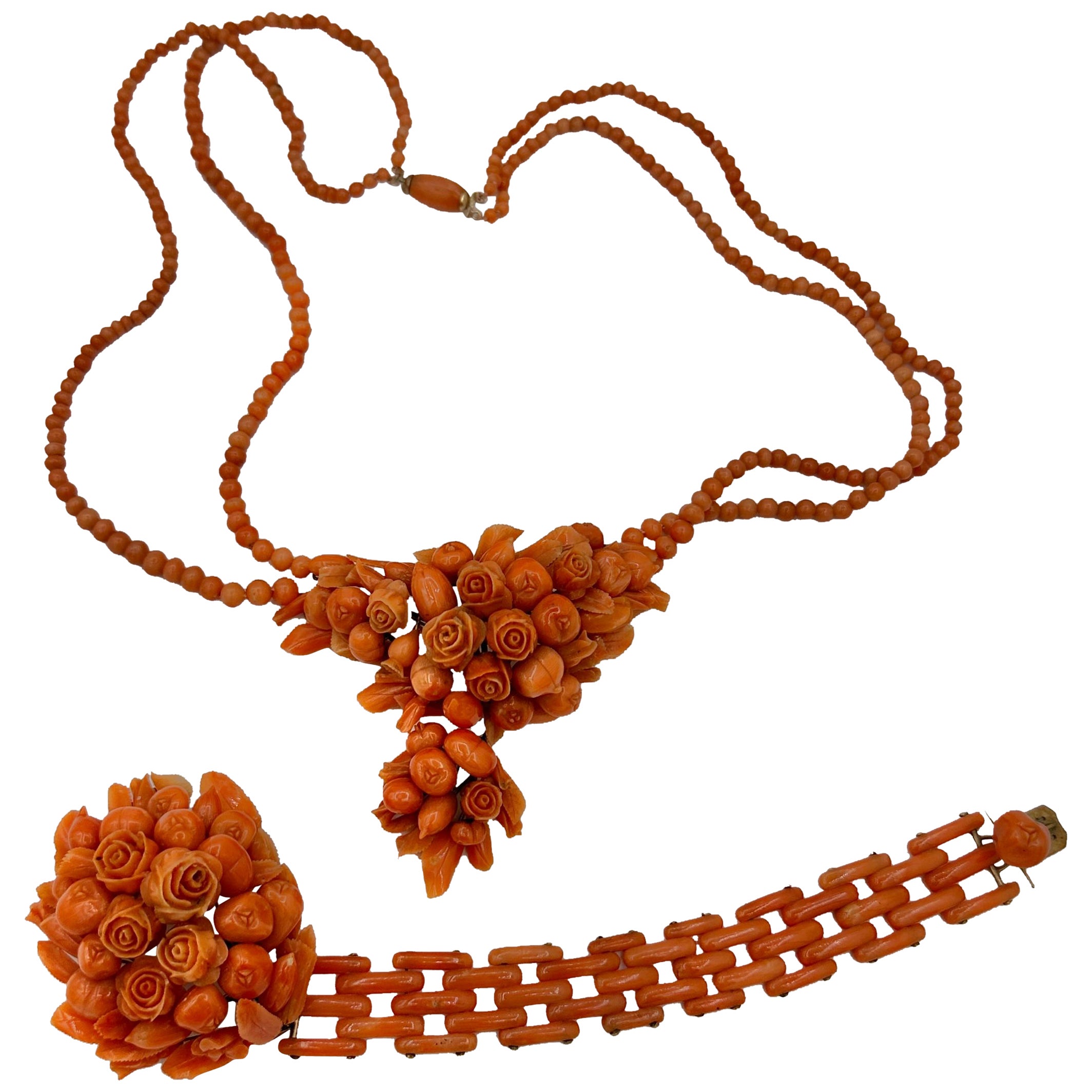 Suite di fiori di corallo vittoriani Collana Bracciale Spilla Oro 14 carati scolpito a mano