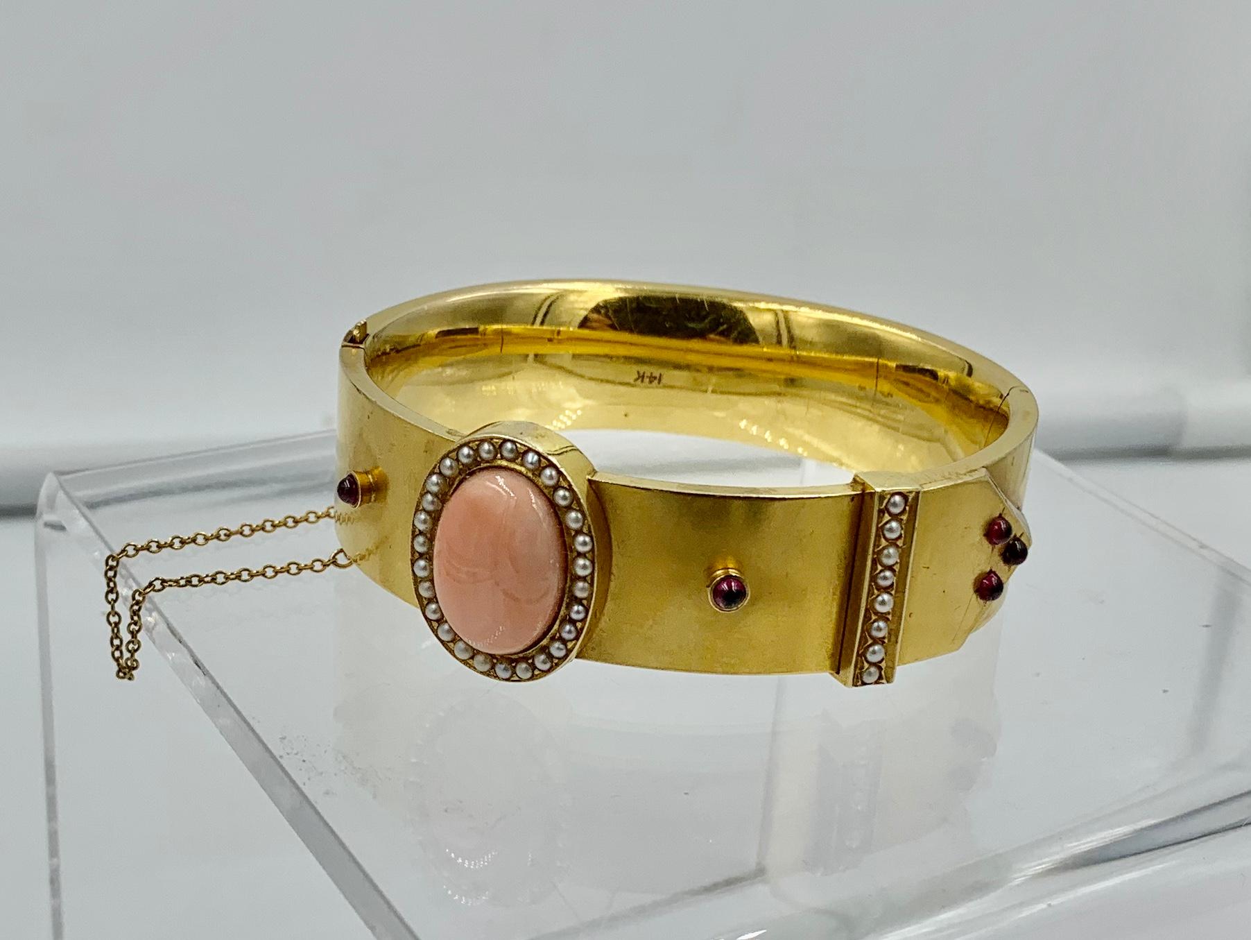 Victorian Coral Garnet Pearl Bangle Buckle Bracelet 14K Gold Etruscan Revival For Sale 5