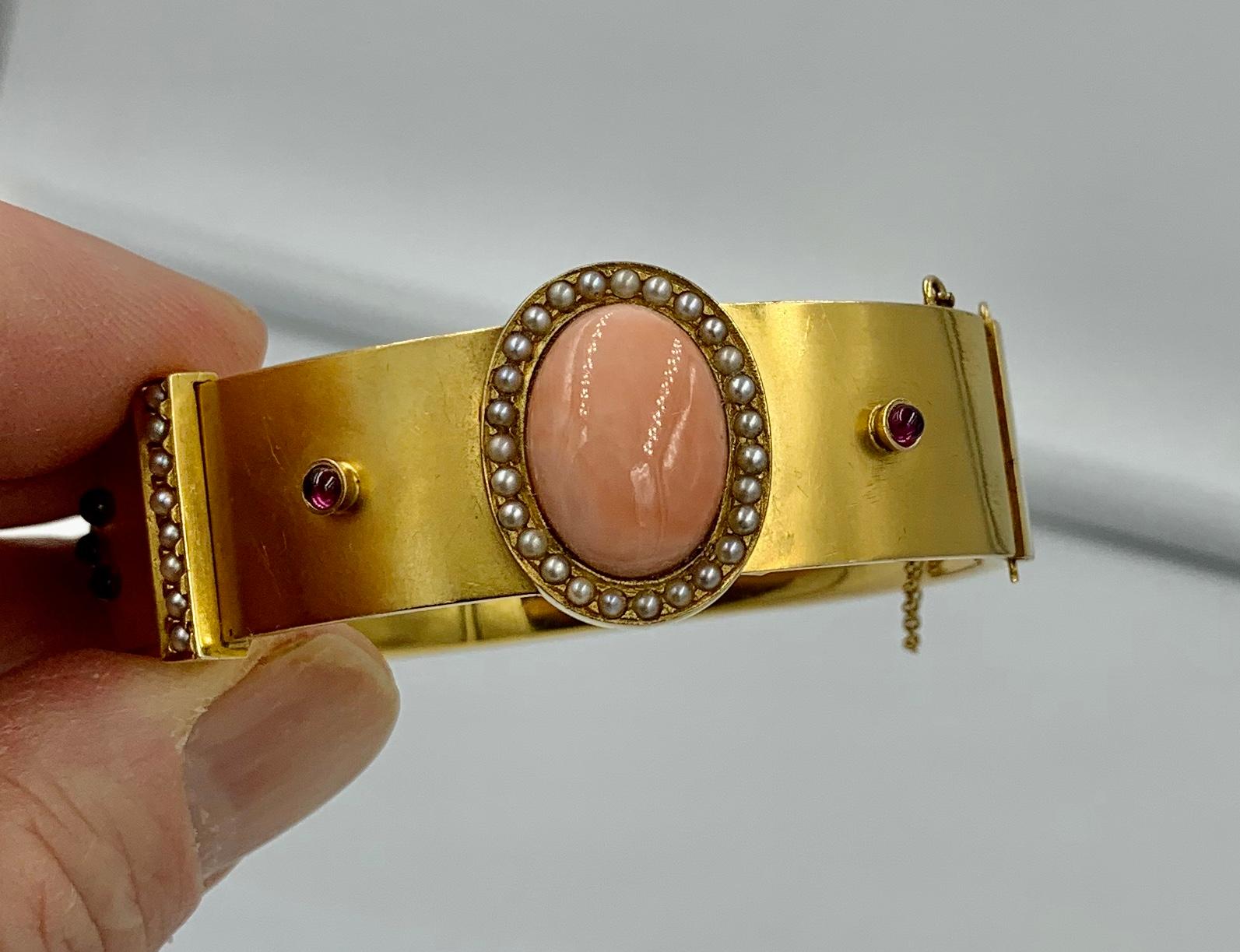 Victorian Coral Garnet Pearl Bangle Buckle Bracelet 14K Gold Etruscan Revival For Sale 8