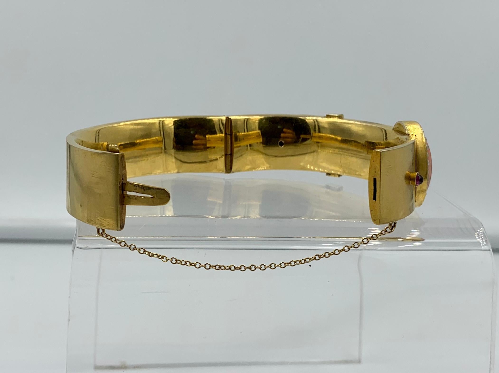 Victorian Coral Garnet Pearl Bangle Buckle Bracelet 14K Gold Etruscan Revival For Sale 11
