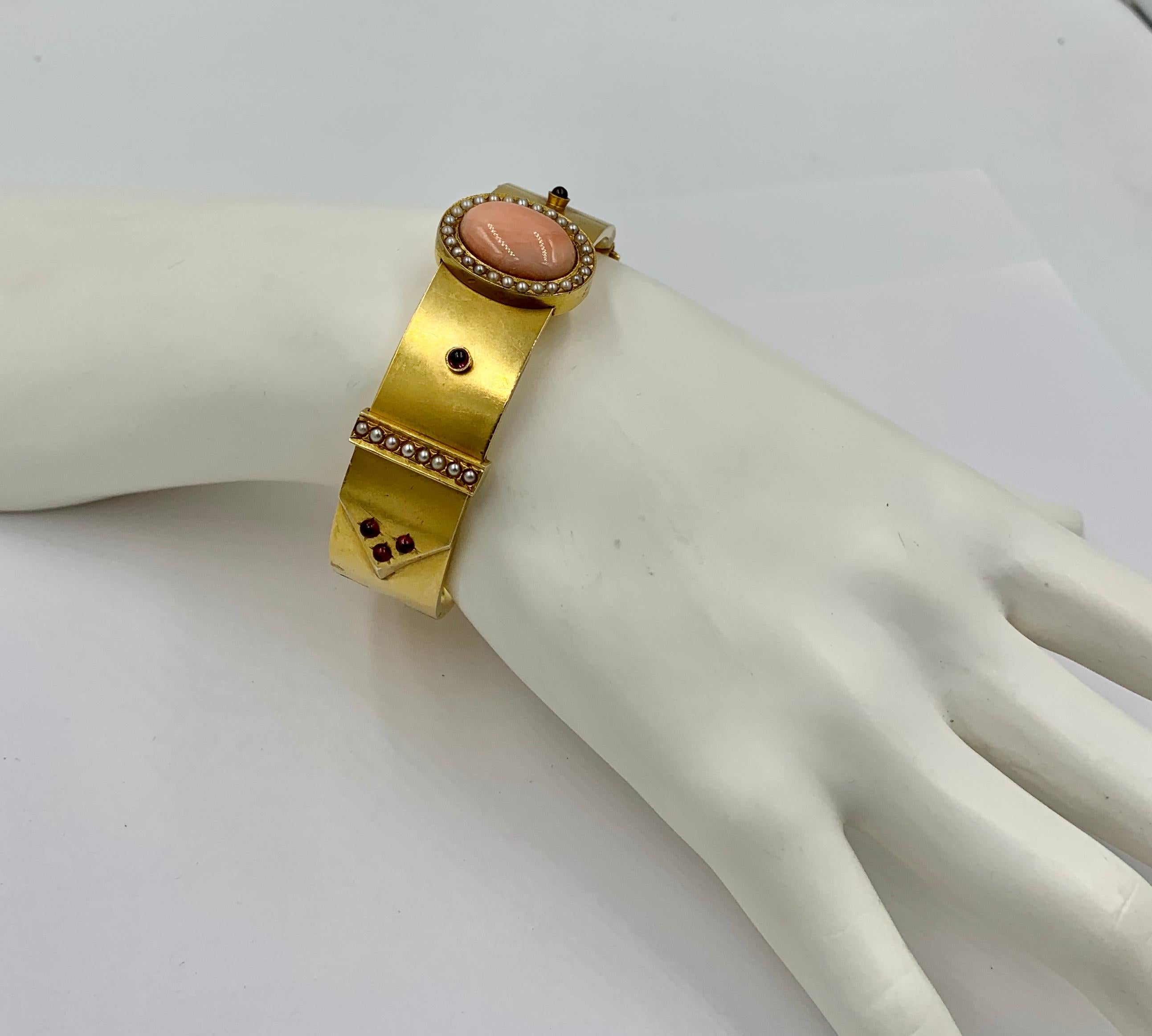 Women's Victorian Coral Garnet Pearl Bangle Buckle Bracelet 14K Gold Etruscan Revival For Sale