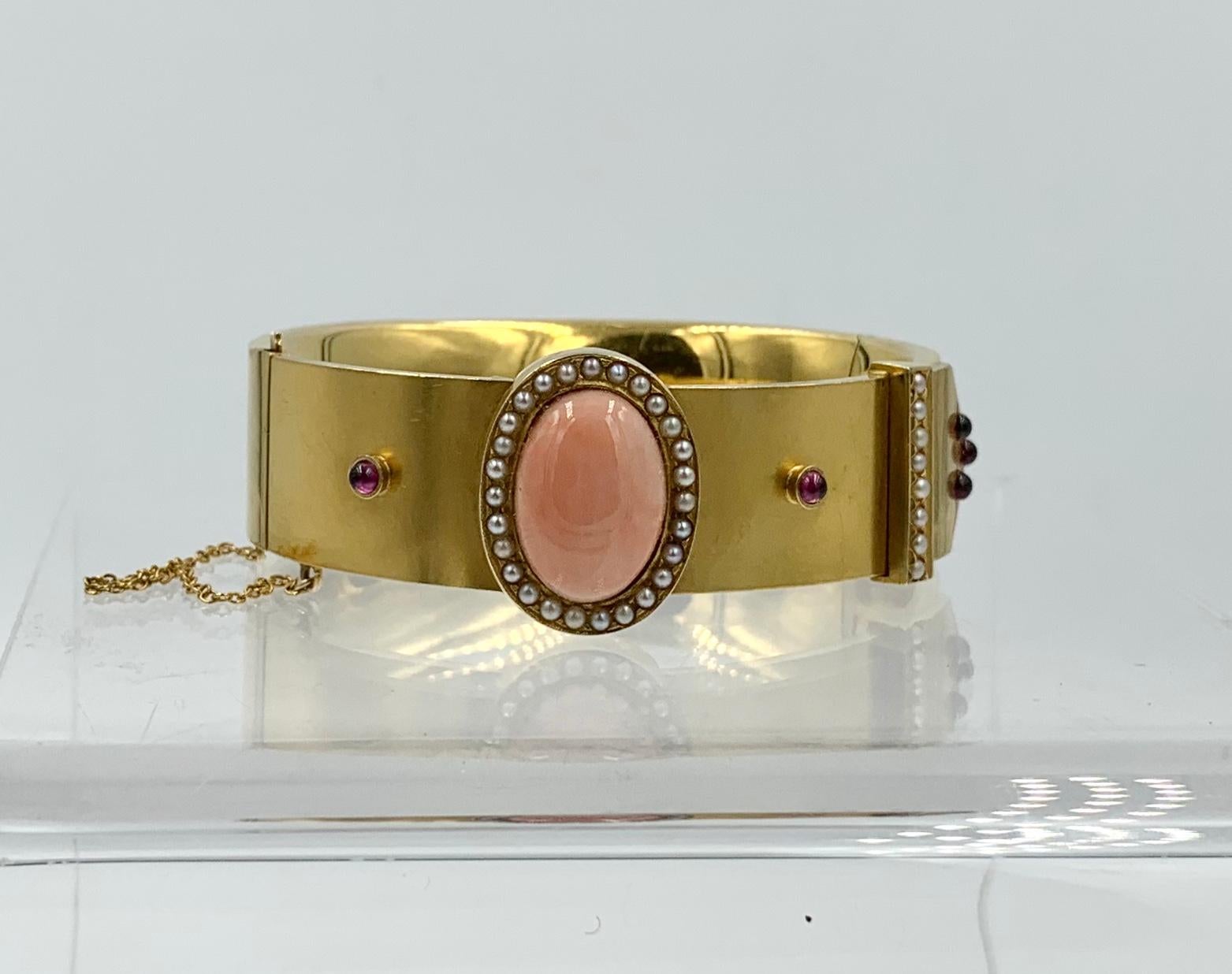 Victorian Coral Garnet Pearl Bangle Buckle Bracelet 14K Gold Etruscan Revival For Sale 1