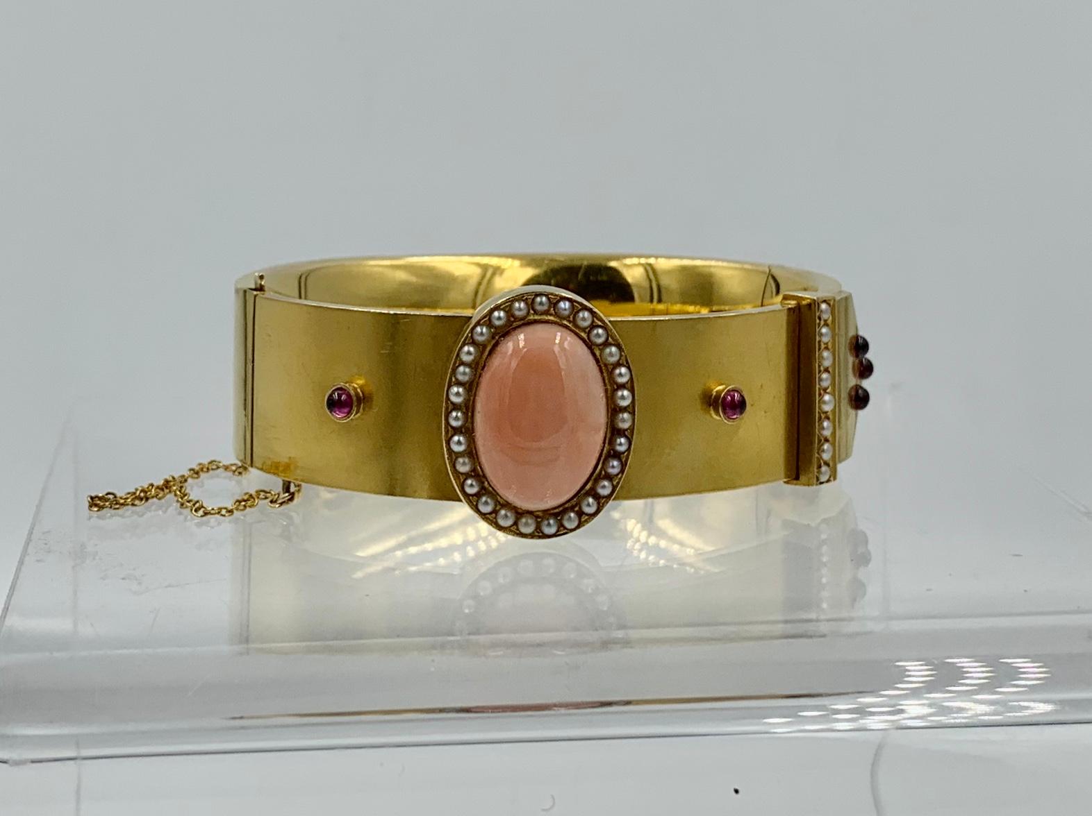 Victorian Coral Garnet Pearl Bangle Buckle Bracelet 14K Gold Etruscan Revival For Sale 2