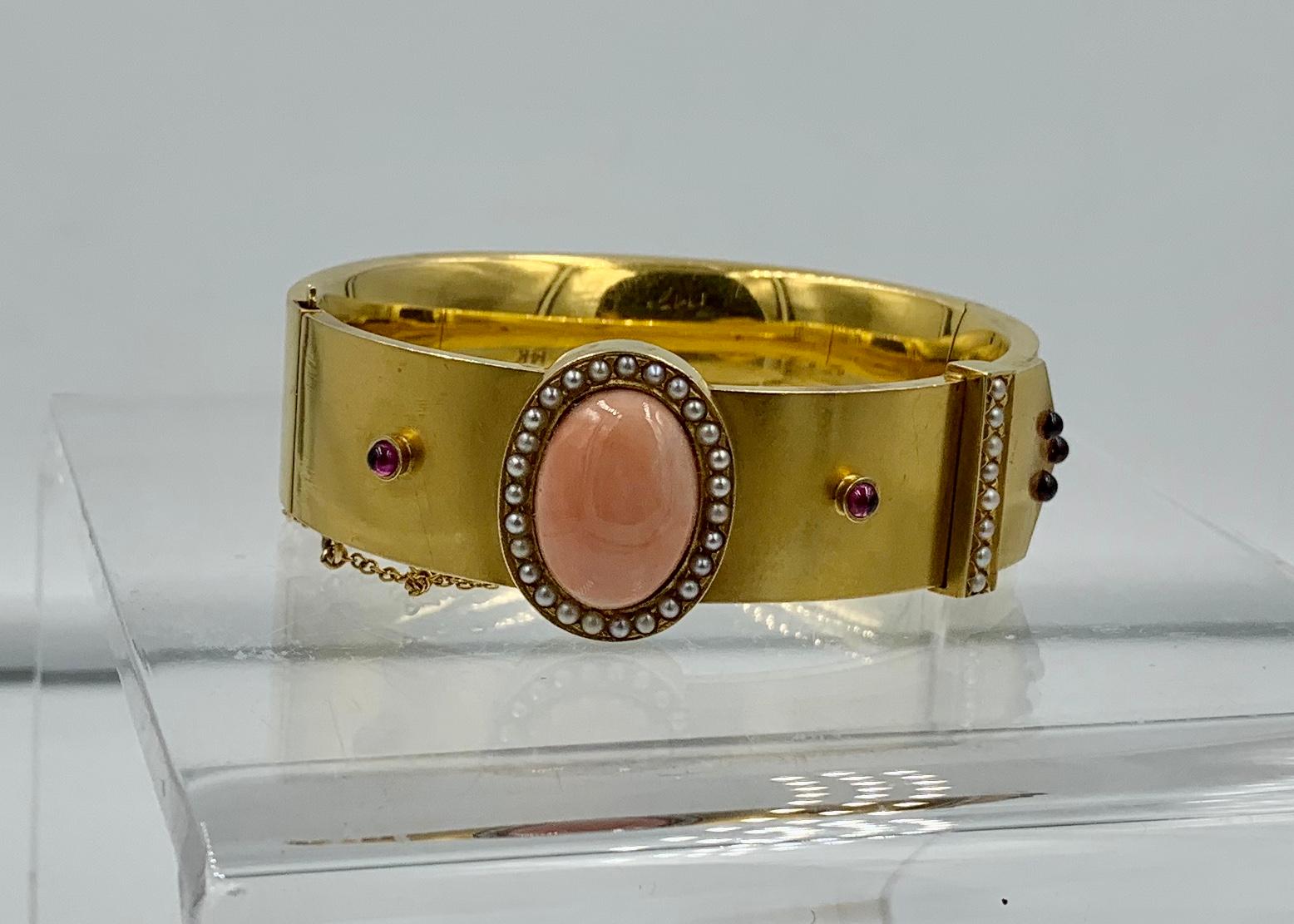 Victorian Coral Garnet Pearl Bangle Buckle Bracelet 14K Gold Etruscan Revival For Sale 3