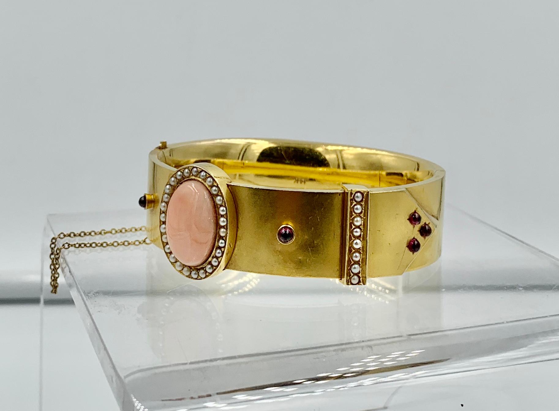 Victorian Coral Garnet Pearl Bangle Buckle Bracelet 14K Gold Etruscan Revival For Sale 4