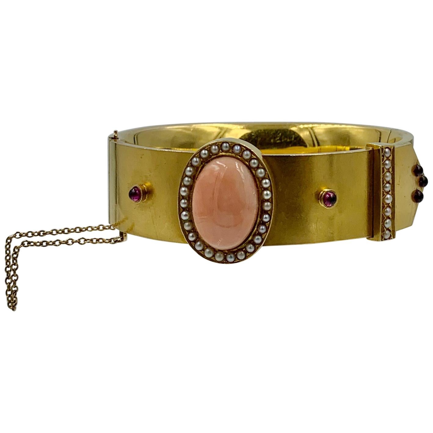 Victorian Coral Garnet Pearl Bangle Buckle Bracelet 14K Gold Etruscan Revival