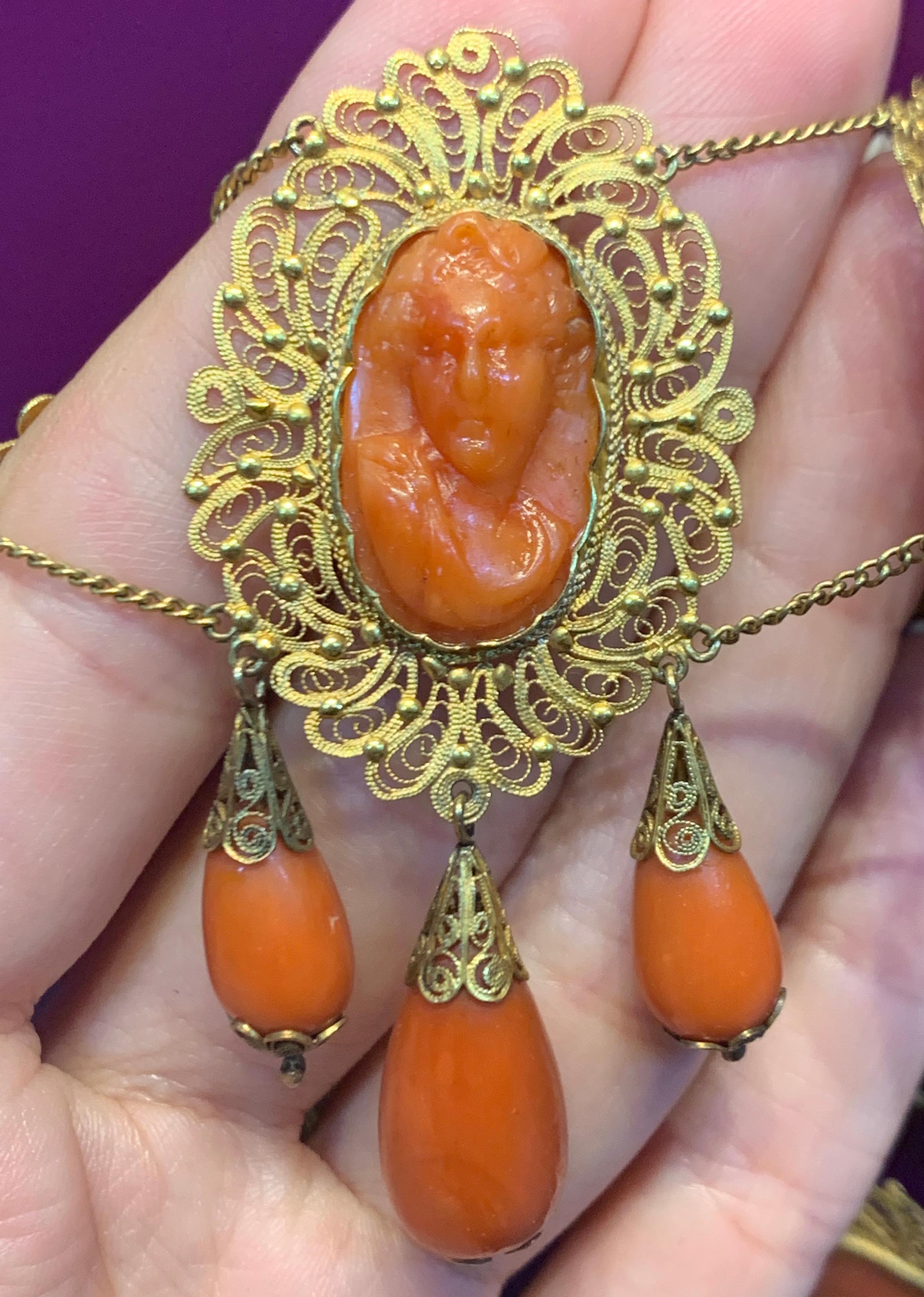 Uncut Victorian Coral and Gold Cameo Drop Necklace For Sale