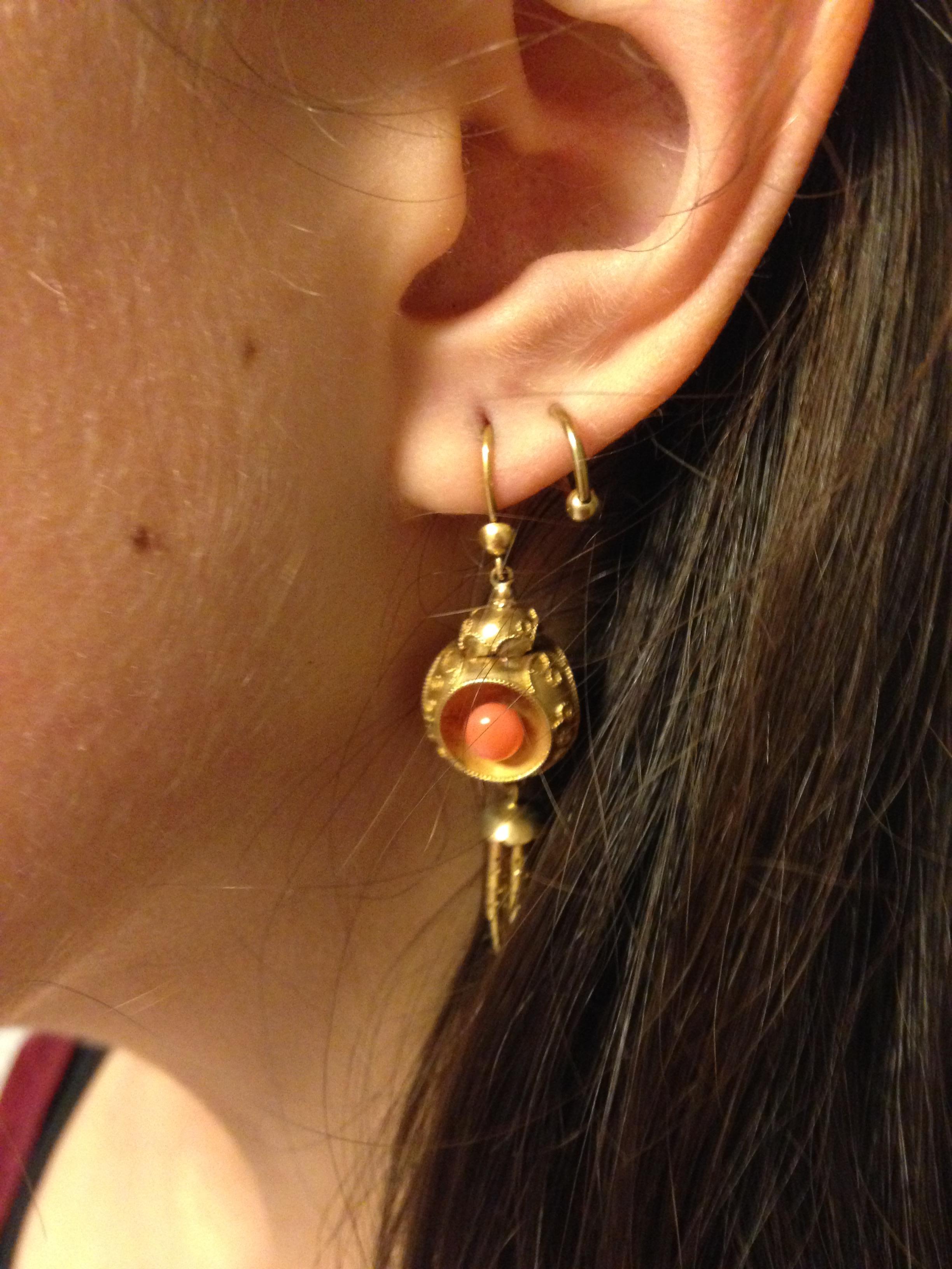 Victorian Coral 18k Gold Tassel Earrings, circa 1870 For Sale 3