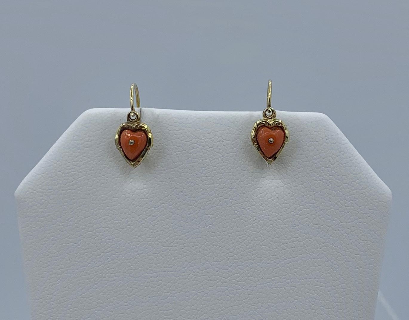 Cabochon Victorian Coral Heart Earrings Dangle Drop Earrings Antique Gold For Sale