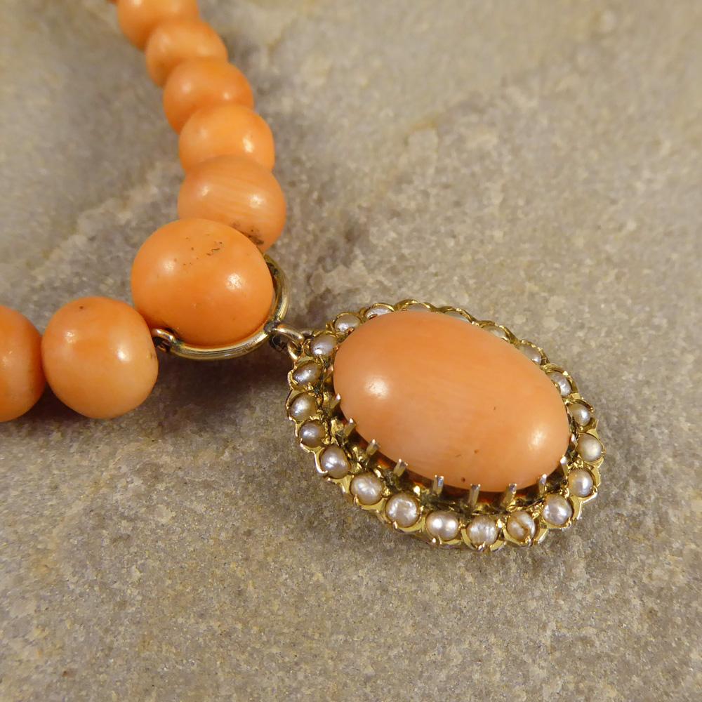 Victorian Coral Necklace, Coral and Pearl Cluster Drop 1