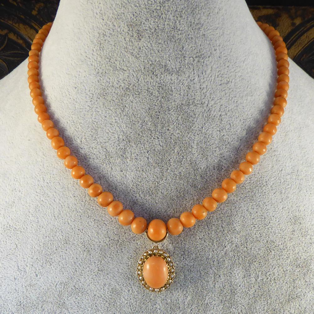 Victorian Coral Necklace, Coral and Pearl Cluster Drop 2