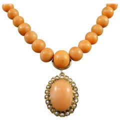 Victorian Coral Necklace, Coral and Pearl Cluster Drop