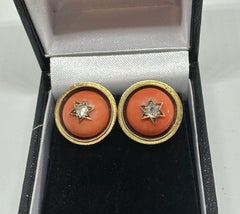 Victorian Coral Old Mine Cut Diamond Earrings 14K Gold Antique Star Motif 1860