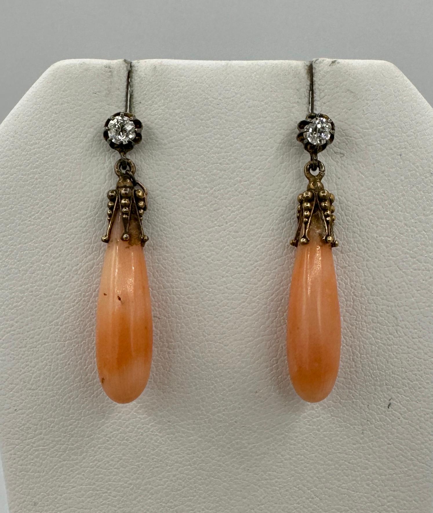Old Mine Cut Victorian Coral Old Mine Diamond Earrings Dangle Drop Antique Etruscan 14K Gold For Sale