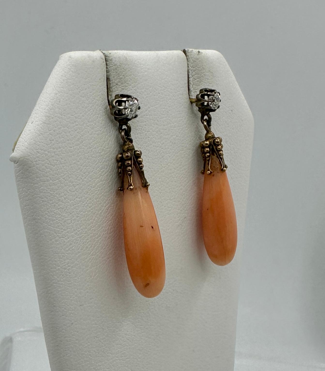 Victorian Coral Old Mine Diamond Earrings Dangle Drop Antique Etruscan 14K Gold In Excellent Condition For Sale In New York, NY