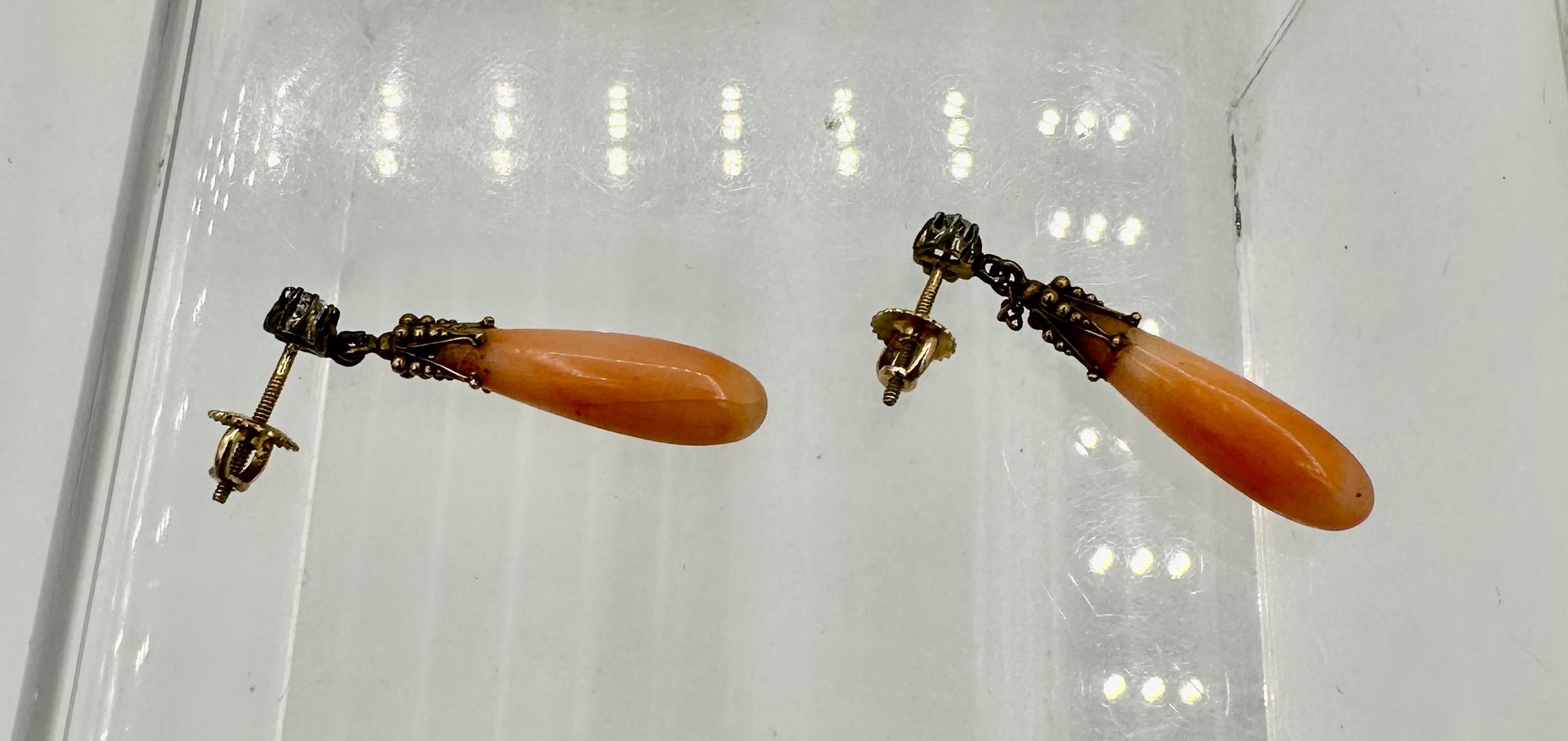 Victorian Coral Old Mine Diamond Earrings Dangle Drop Antique Etruscan 14K Gold For Sale 1