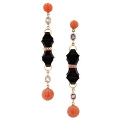 Victorian Coral, Onyx & Diamond 18k Yellow Gold Drop Earrings