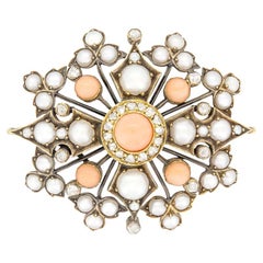 Victorian Coral, Pearl and Diamond Brooch, c.1880s