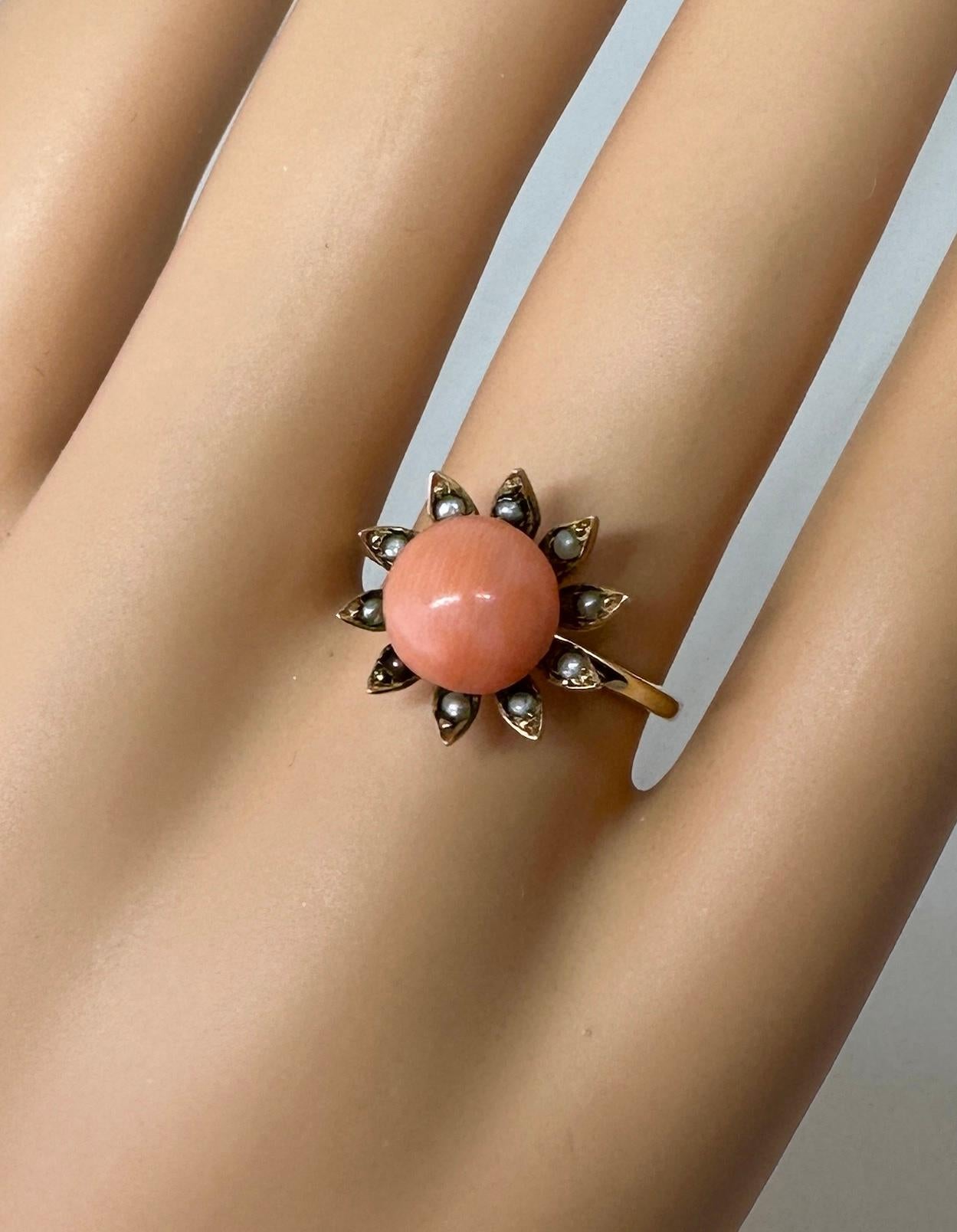 Women's Victorian Coral Pearl Daisy Flower Ring Gold Antique, circa 1880