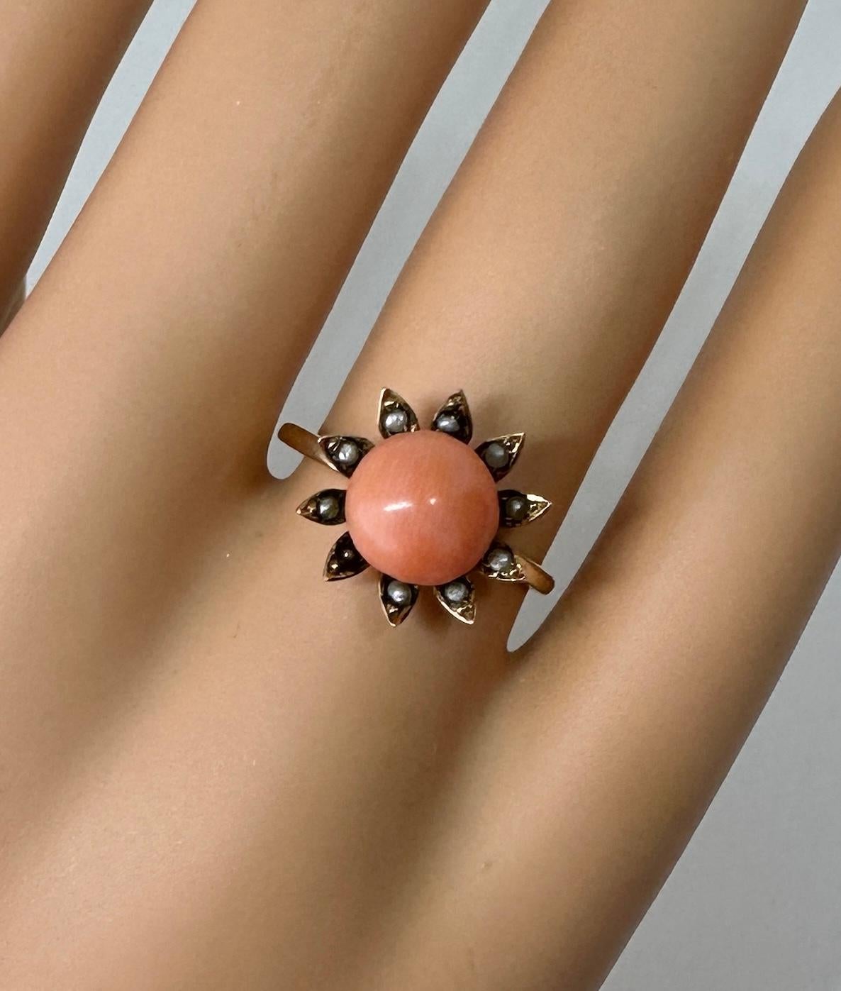 Victorian Coral Pearl Daisy Flower Ring Gold Antique, circa 1880 1