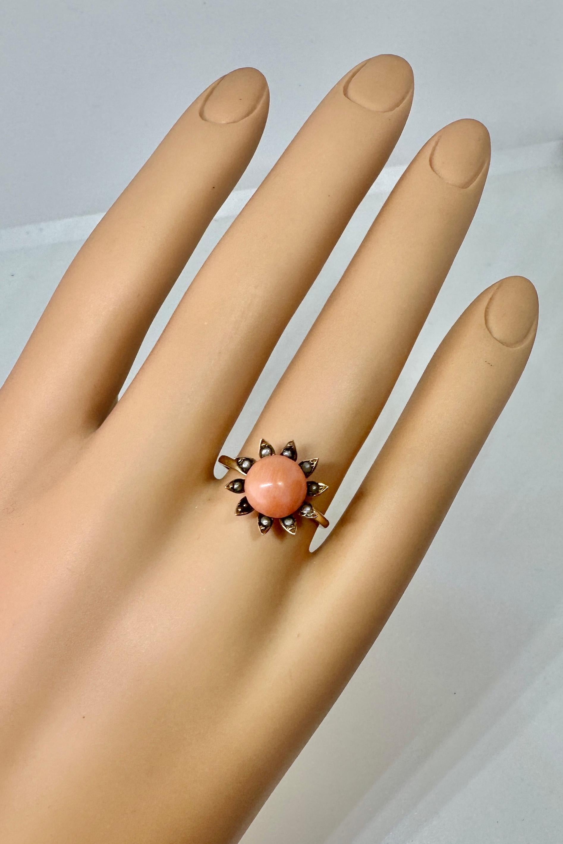 Victorian Coral Pearl Daisy Flower Ring Gold Antique, circa 1880 2