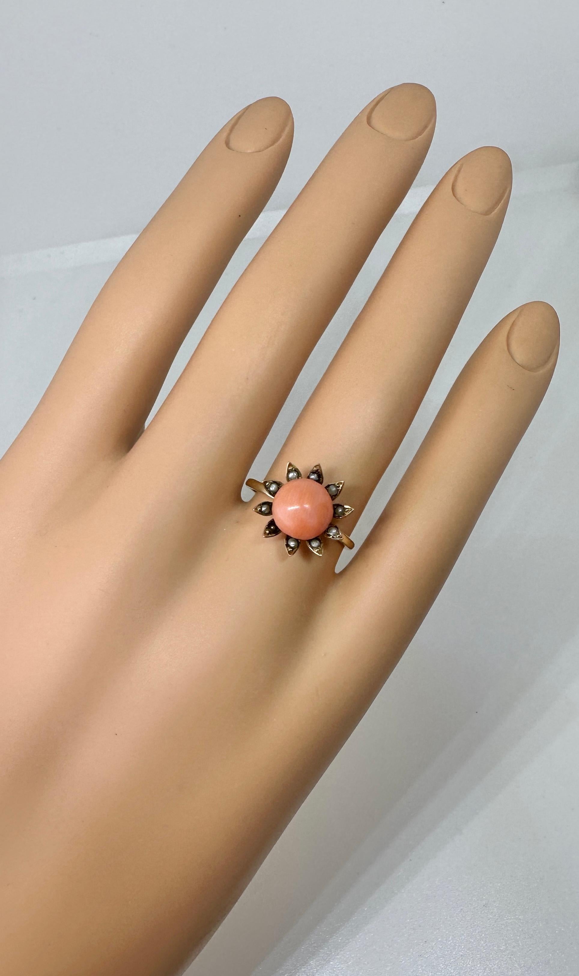Victorian Coral Pearl Daisy Flower Ring Gold Antique, circa 1880 3