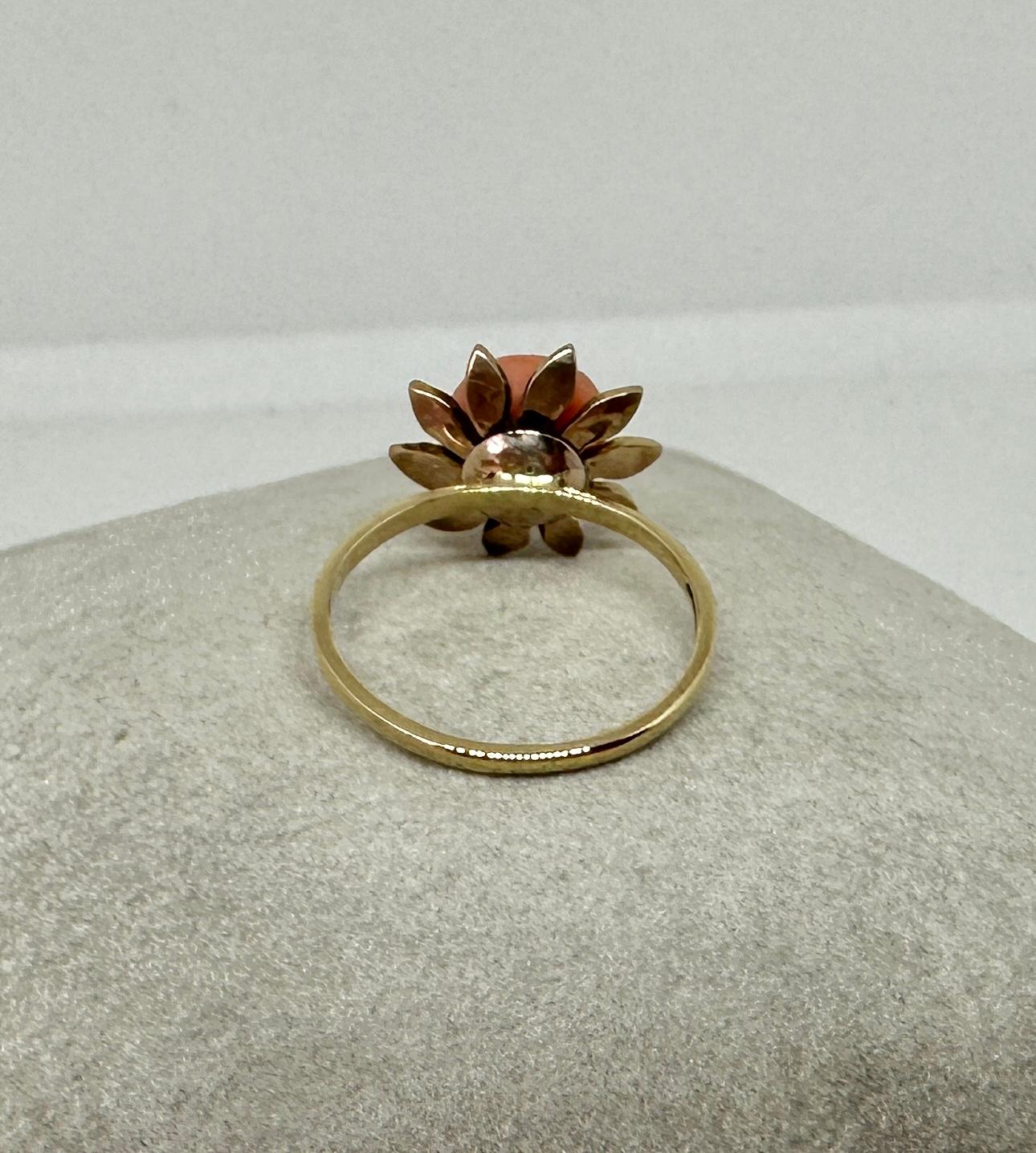Victorian Coral Pearl Daisy Flower Ring Gold Antique, circa 1880 4