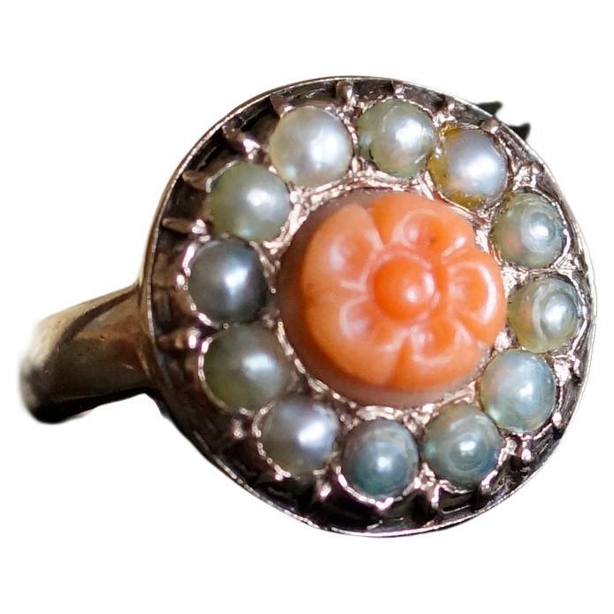 Victorian Coral & Pearl Dress Ring Size 5