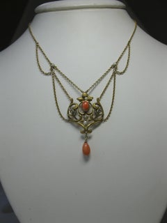 Victorian Coral Pearl Festoon Swag Necklace Antique Gold