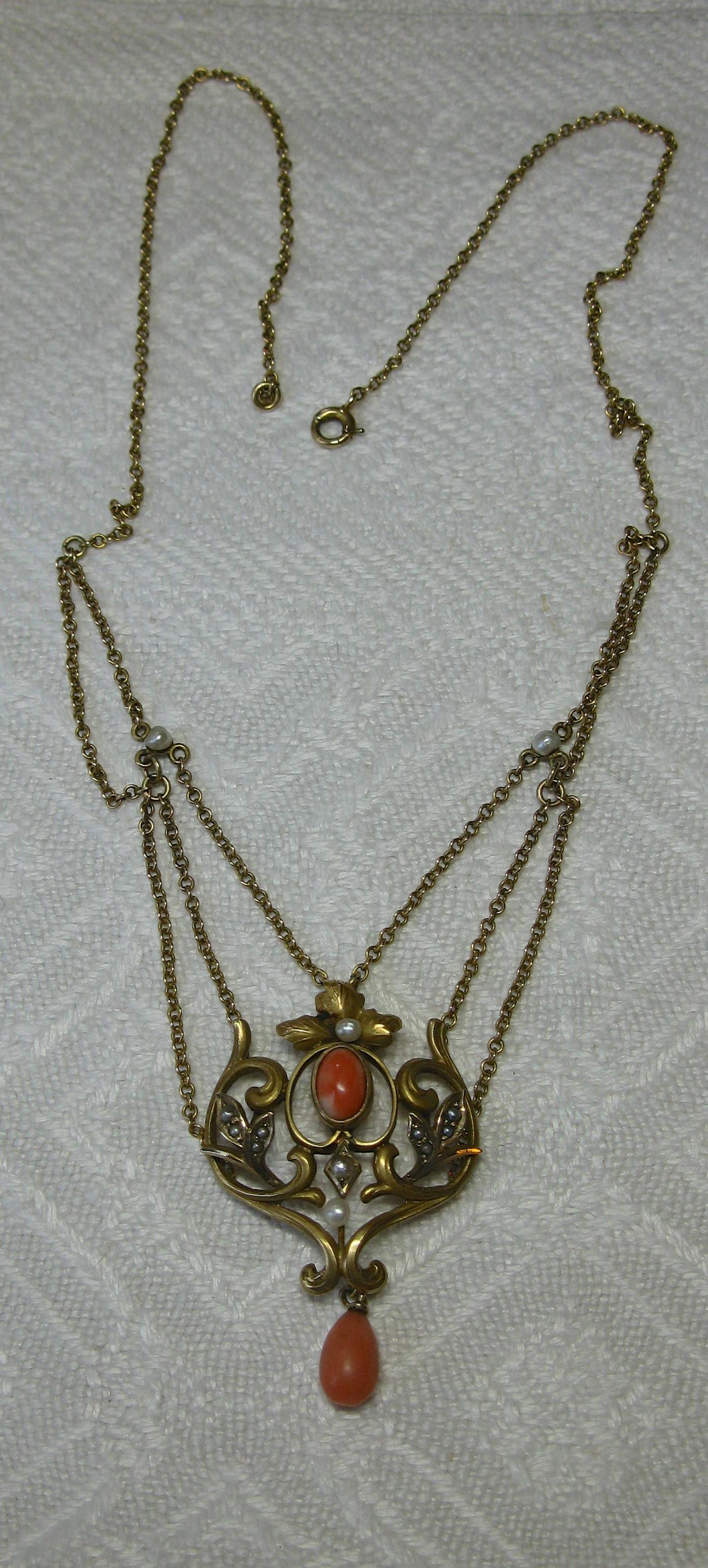 Pear Cut Victorian Coral Pearl Festoon Swag Necklace Antique Gold For Sale