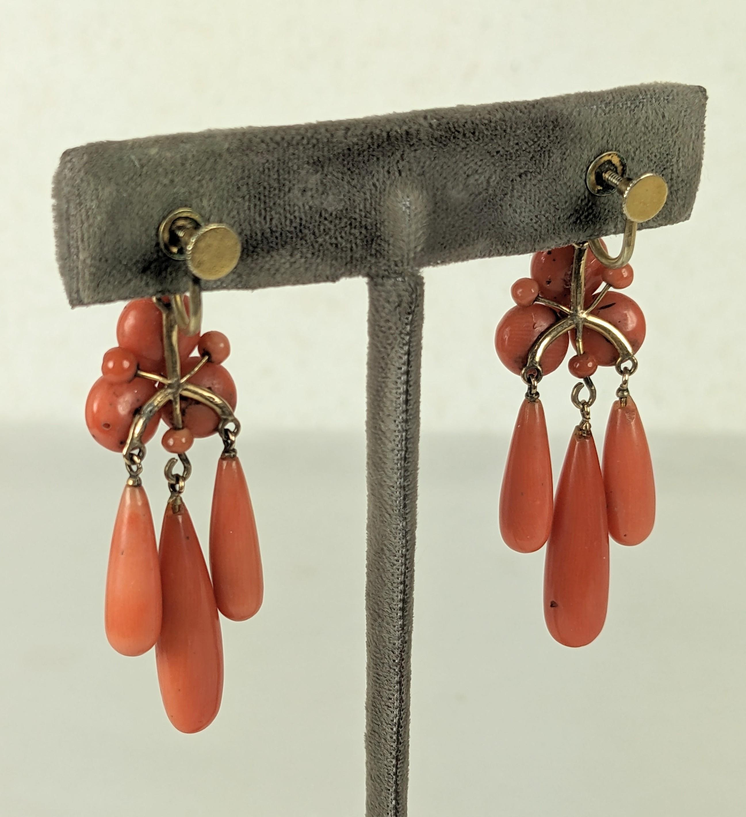 Bead Victorian Coral Pendant Drop Earrings For Sale