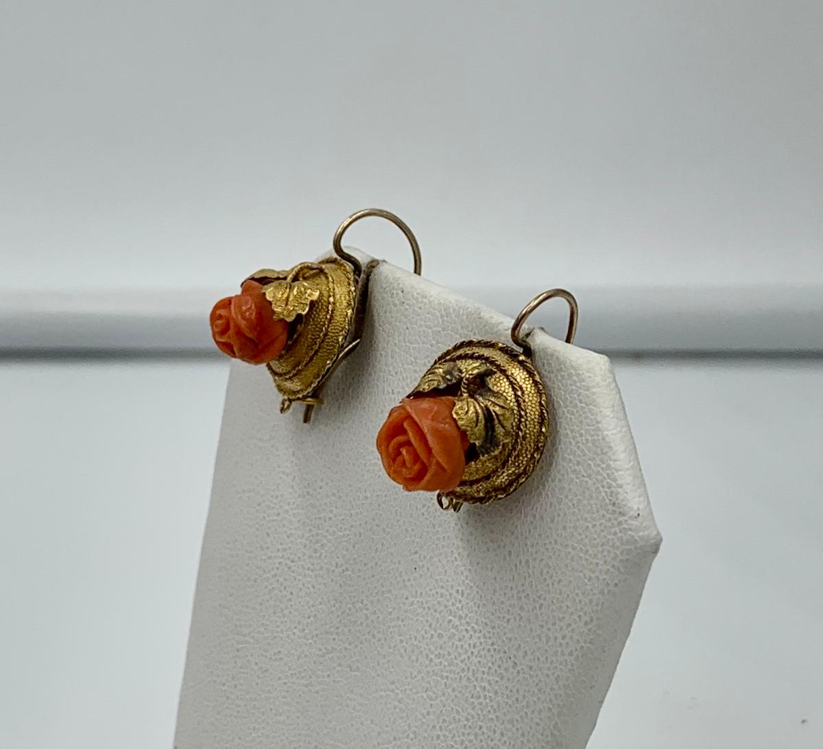 Victorian Coral Rose Earrings Etruscan Revival 14 Karat Gold Flower Leaf Motif For Sale 2