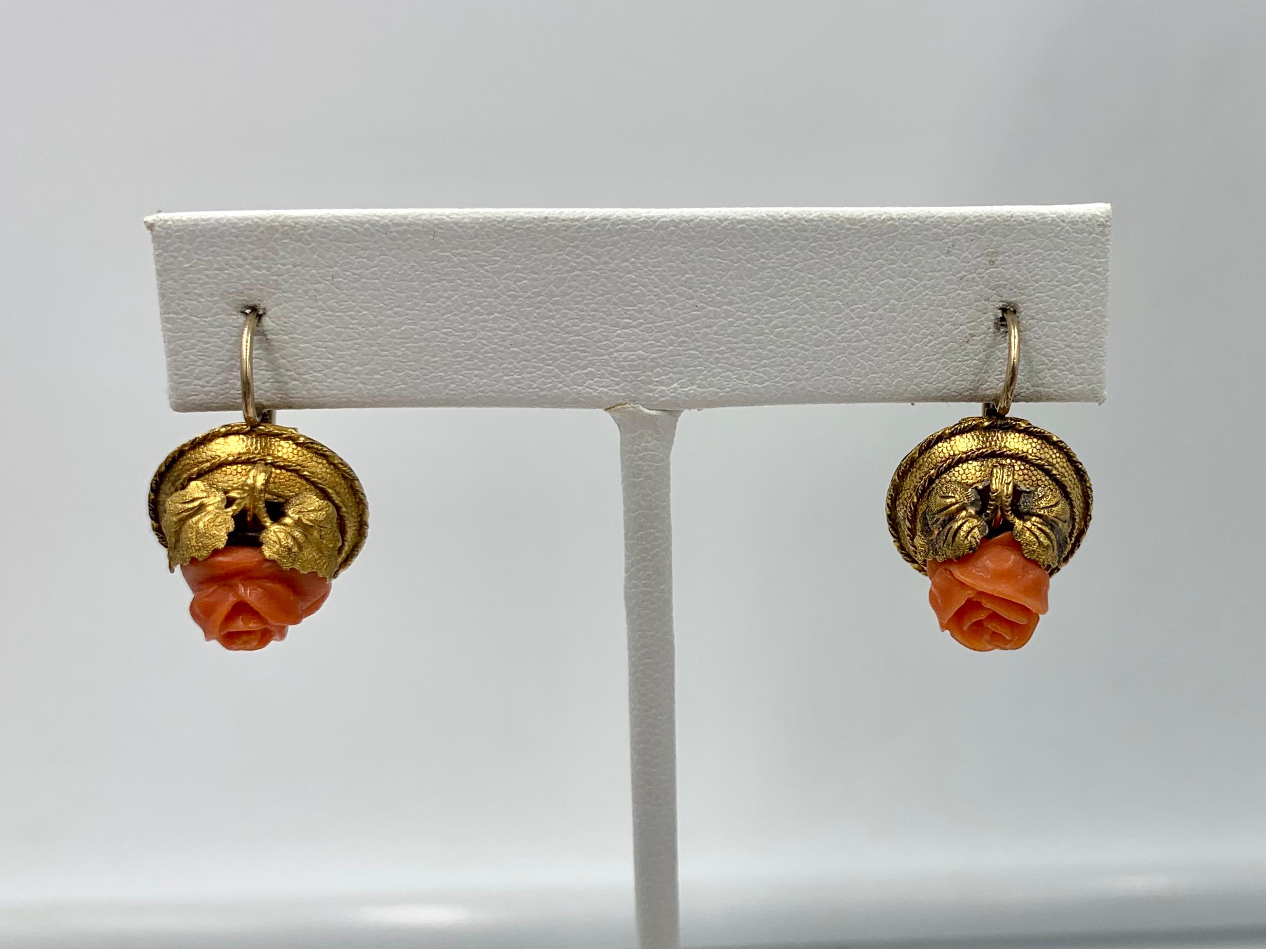 Victorian Coral Rose Earrings Etruscan Revival 14 Karat Gold Flower Leaf Motif For Sale 3