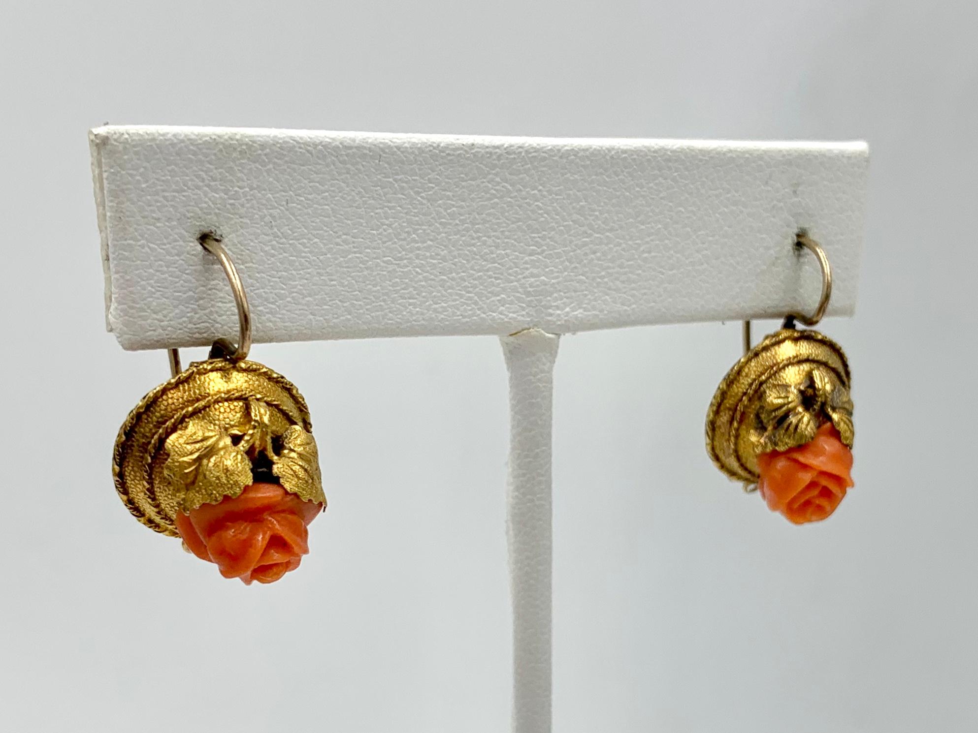 Victorian Coral Rose Earrings Etruscan Revival 14 Karat Gold Flower Leaf Motif For Sale 4