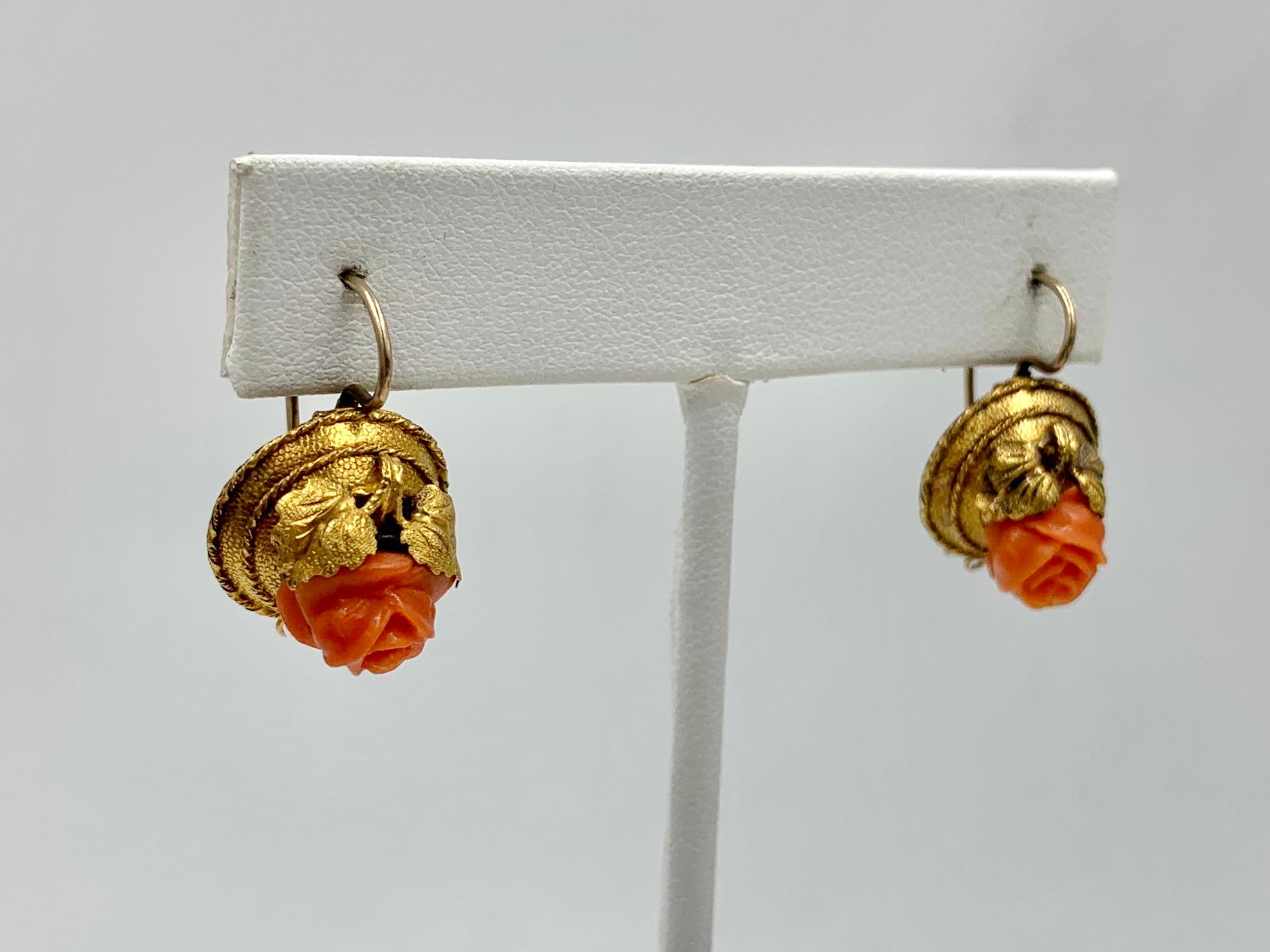 Victorian Coral Rose Earrings Etruscan Revival 14 Karat Gold Flower Leaf Motif For Sale 5