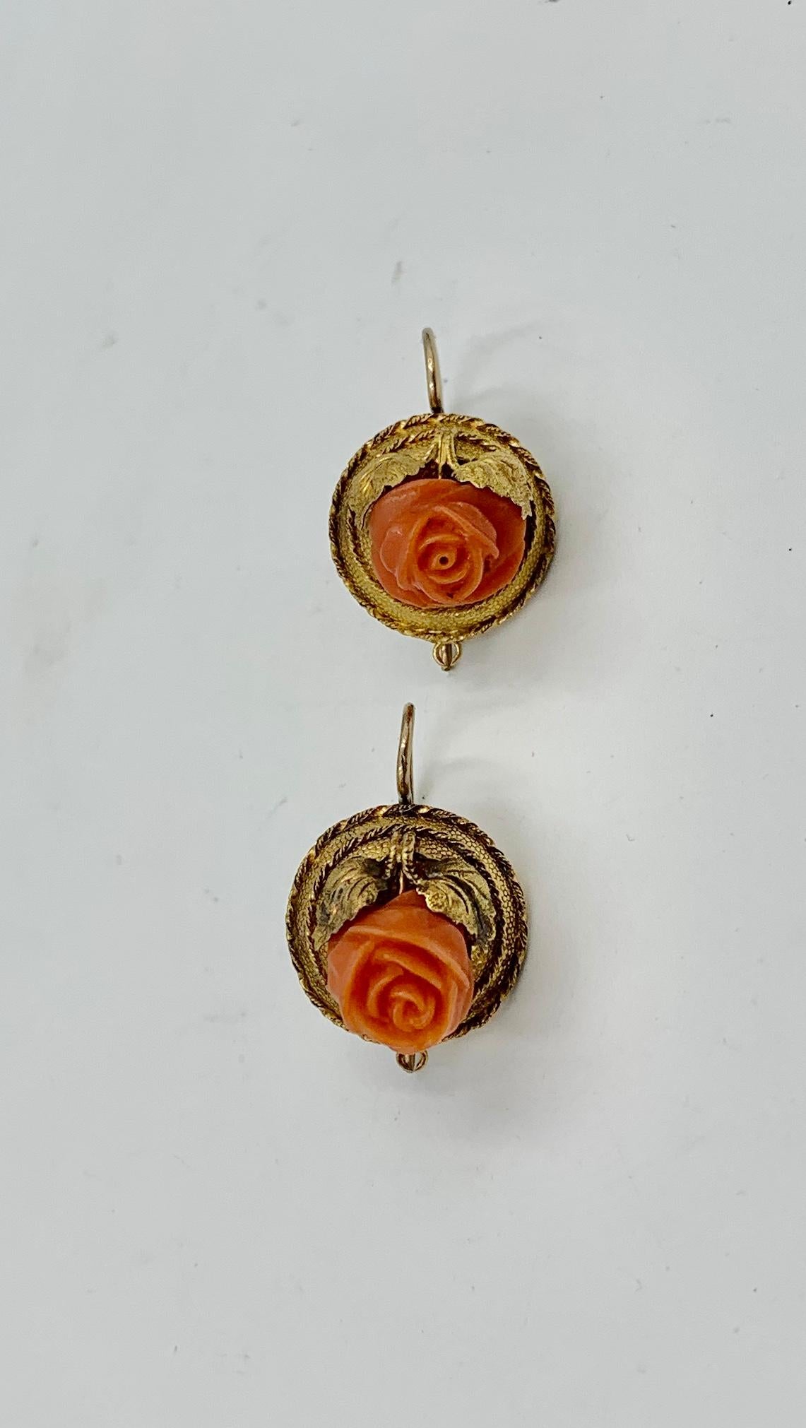 Victorian Coral Rose Earrings Etruscan Revival 14 Karat Gold Flower Leaf Motif For Sale 6