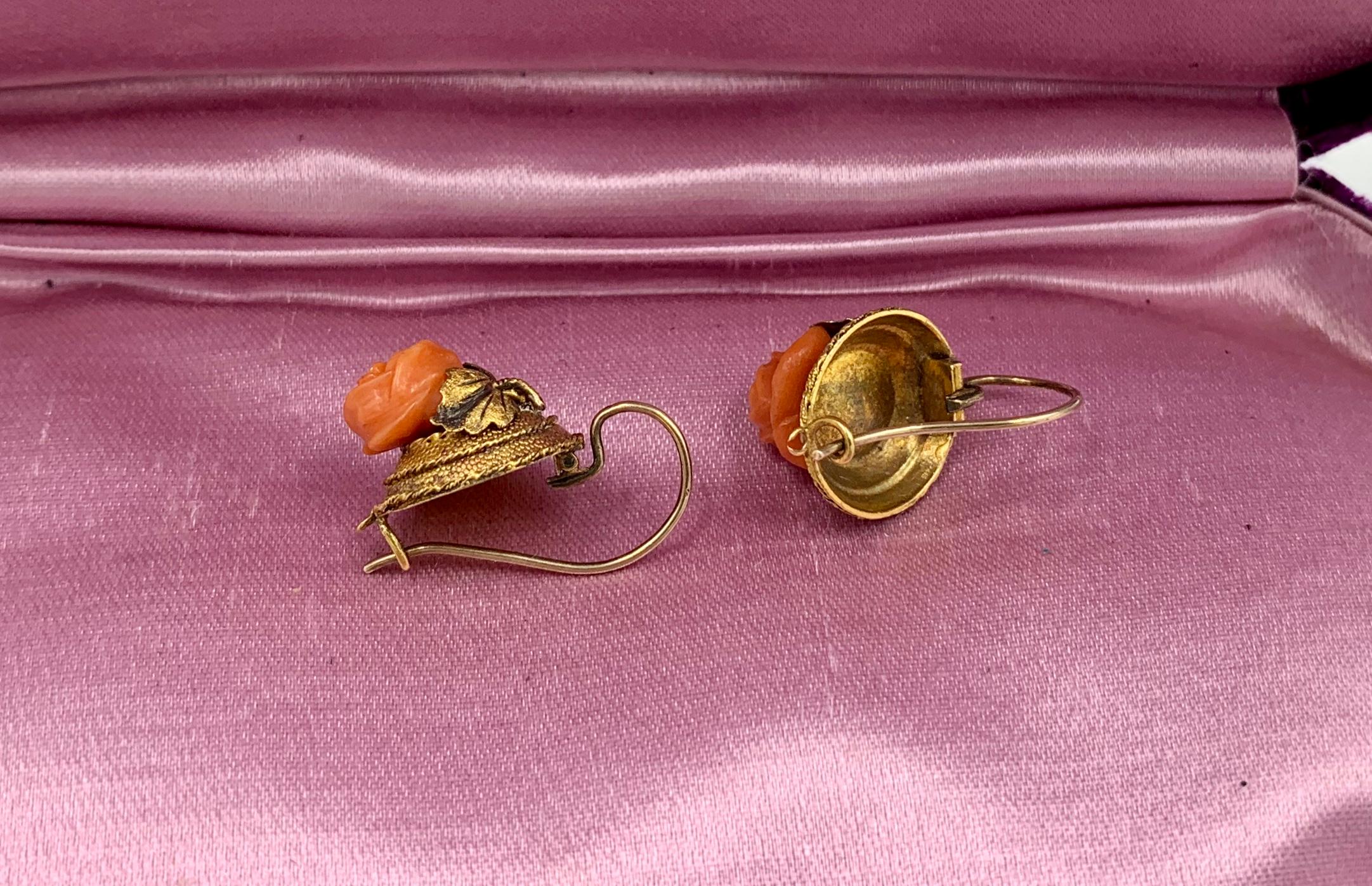 Victorian Coral Rose Earrings Etruscan Revival 14 Karat Gold Flower Leaf Motif For Sale 8