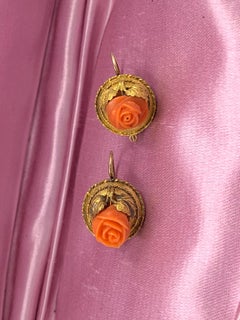 Victorian Coral Rose Earrings Etruscan Revival 14 Karat Gold Flower Leaf Motif