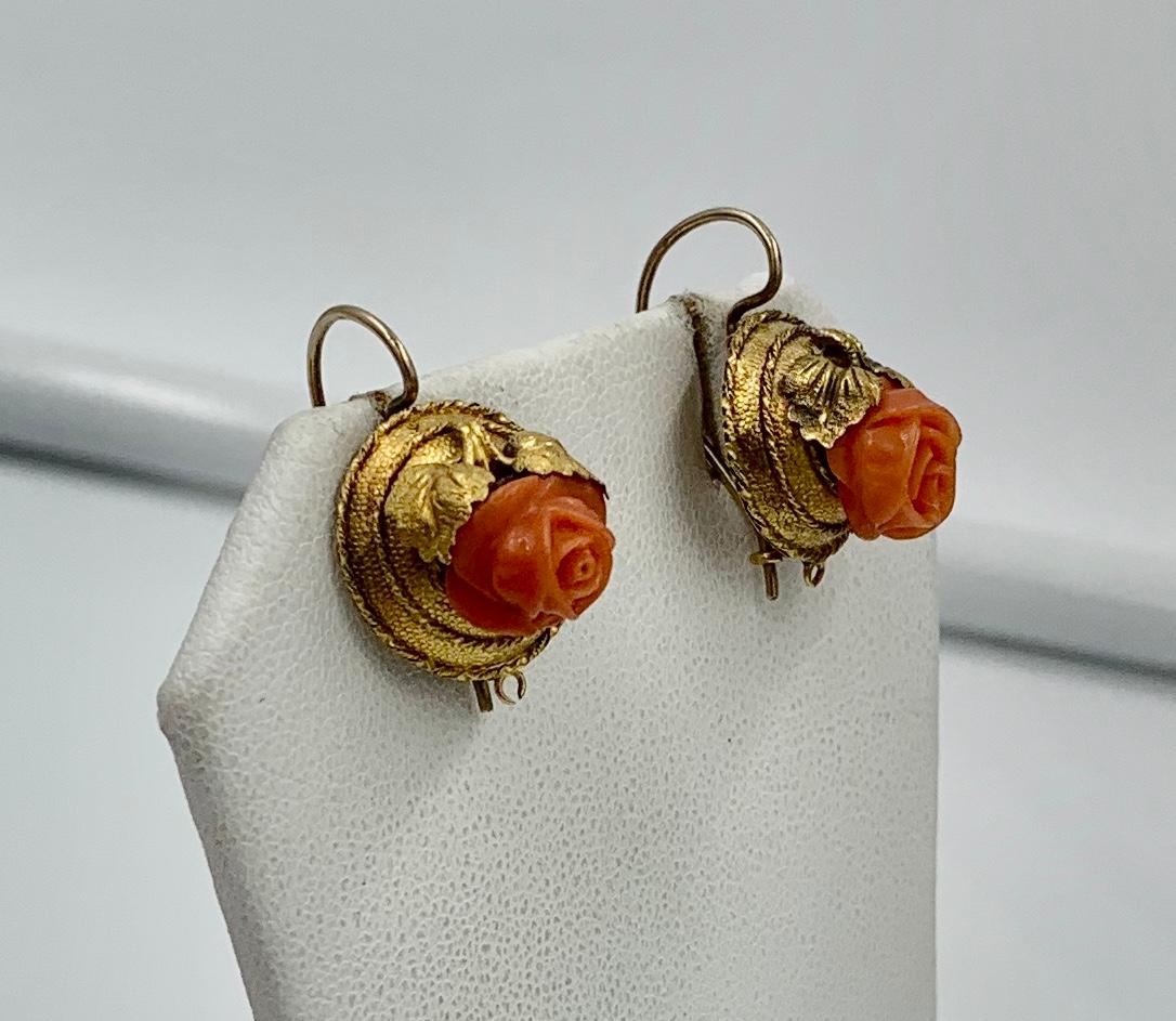 Rose Cut Victorian Coral Rose Earrings Etruscan Revival 14 Karat Gold Flower Leaf Motif For Sale