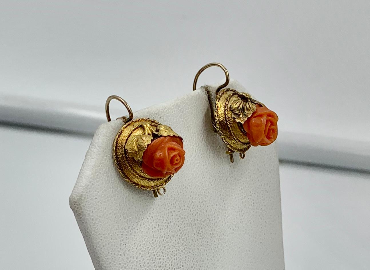 Women's Victorian Coral Rose Earrings Etruscan Revival 14 Karat Gold Flower Leaf Motif For Sale