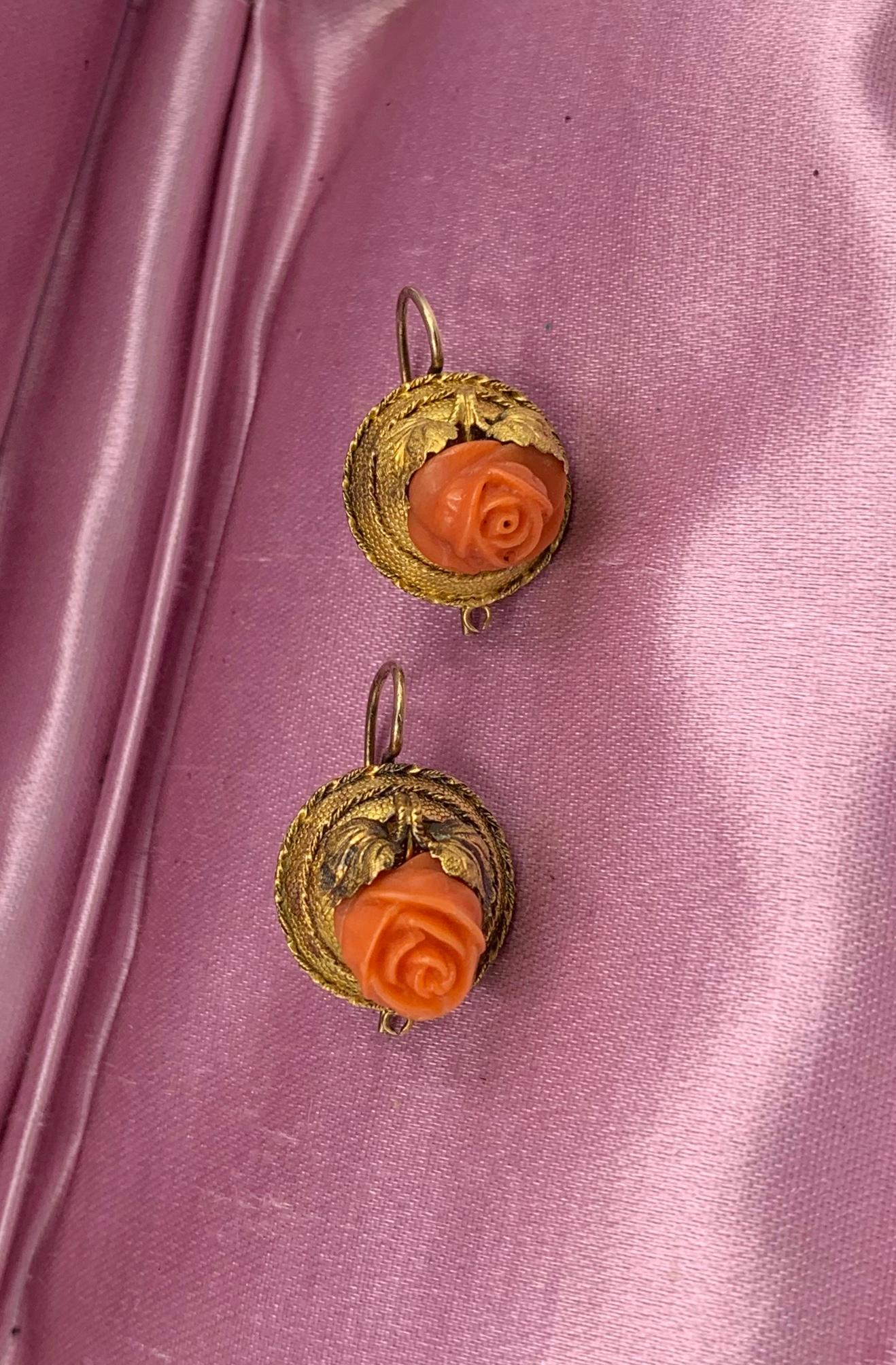 Victorian Coral Rose Earrings Etruscan Revival 14 Karat Gold Flower Leaf Motif For Sale 1