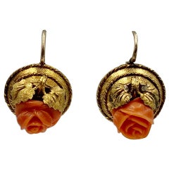 Victorian Coral Rose Earrings Etruscan Revival 14 Karat Gold Flower Leaf Motif
