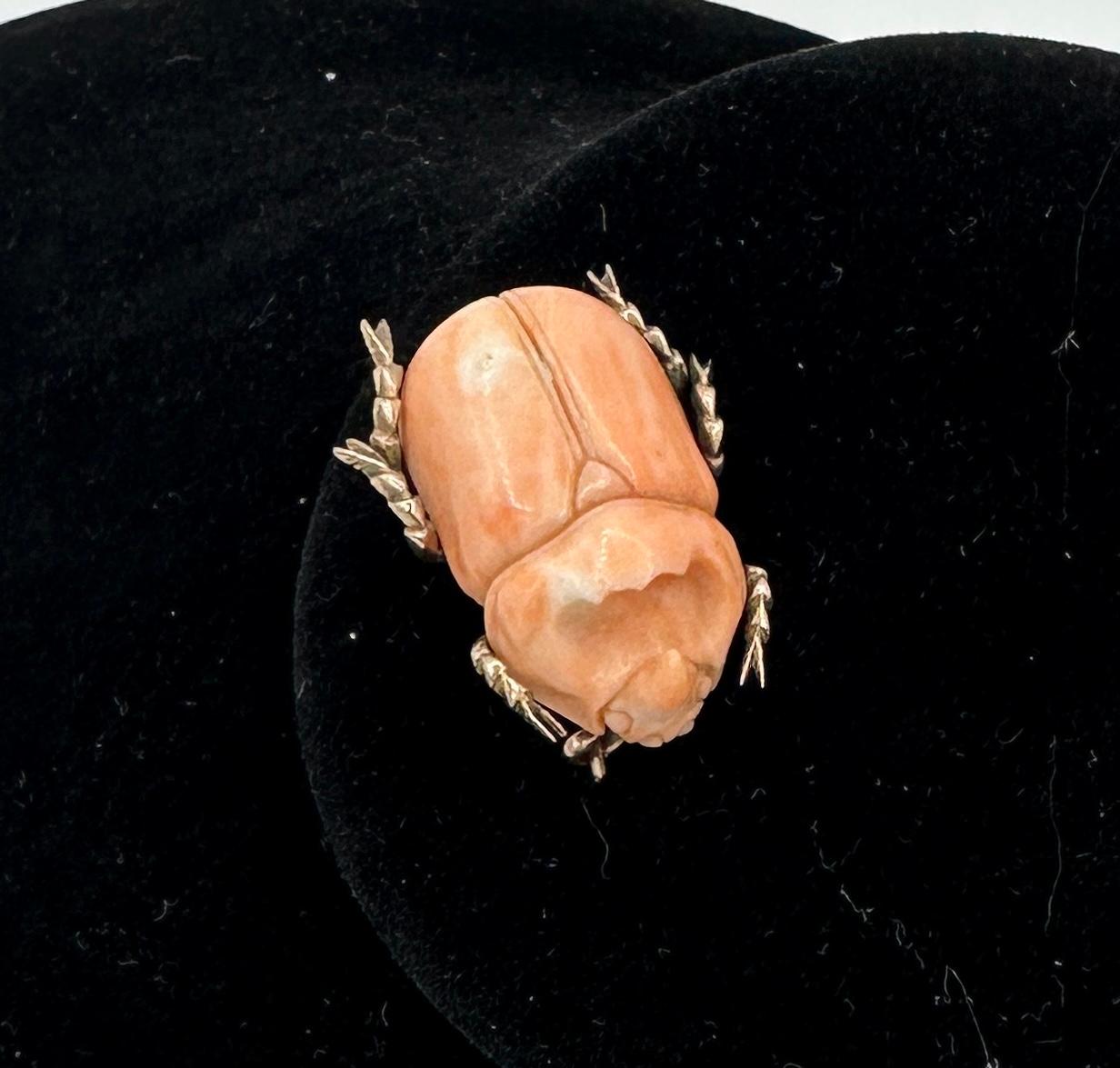Victorian Coral Scarab Beetle Bug Insect Brooch Pin Egyptian Revival Gold For Sale 5